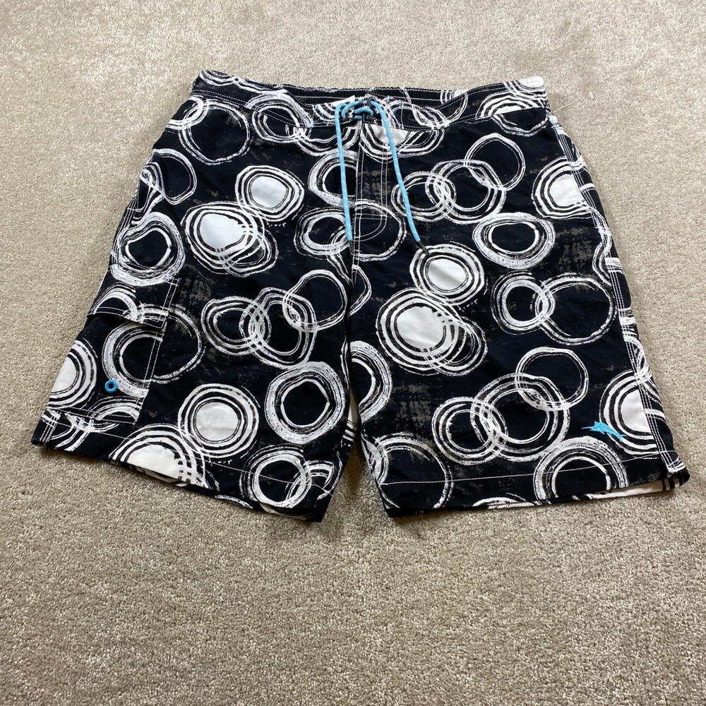Tommy Bahama Relax Swim Trunks Mens Large Black White Ring Pattern Board Shorts